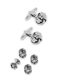 Silver Enamel Knot and Stud Cuff Links Set