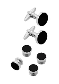 Silver Stud Cufflinks Set with Black Inlay