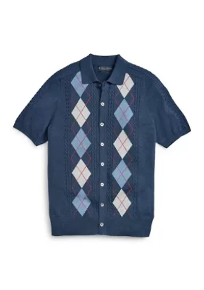 Men's Sweater Argyle Short Sleeve Polo Cardigan