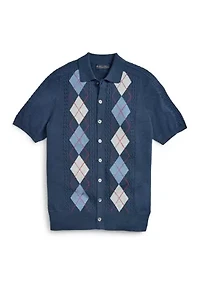 Men's Sweater Argyle Short Sleeve Polo Cardigan