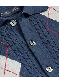 Men's Sweater Argyle Short Sleeve Polo Cardigan