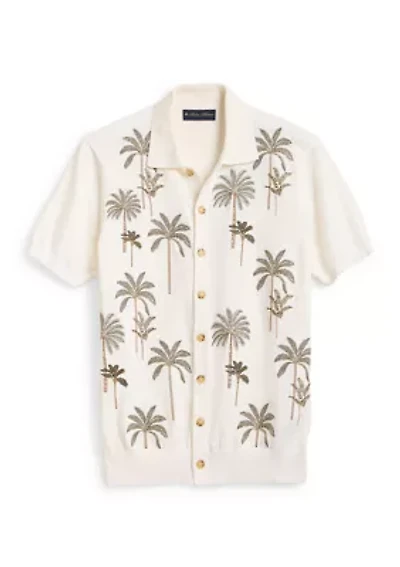 Men's Embroidered Palm Tree Polo Cardigan