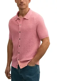 Men's Sweater Cotton Cable Button Short Sleeve Polo Shirt