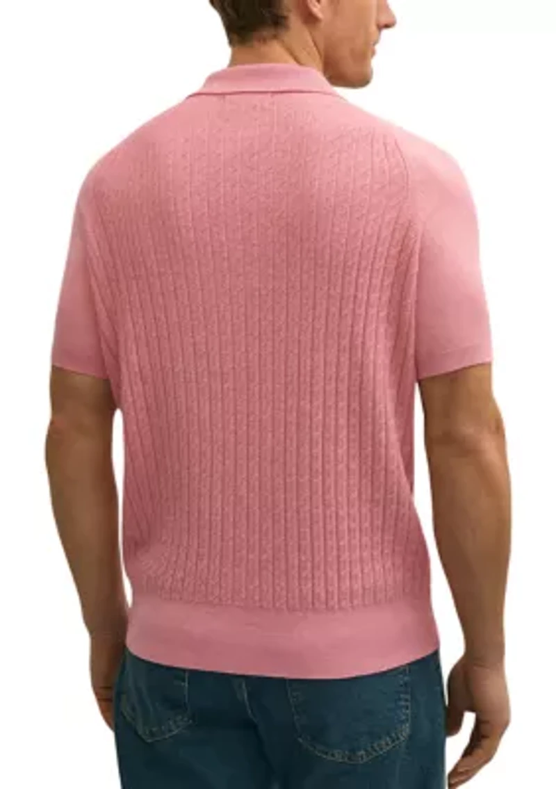 Men's Sweater Cotton Cable Button Short Sleeve Polo Shirt