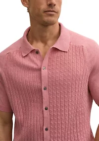 Men's Sweater Cotton Cable Button Short Sleeve Polo Shirt