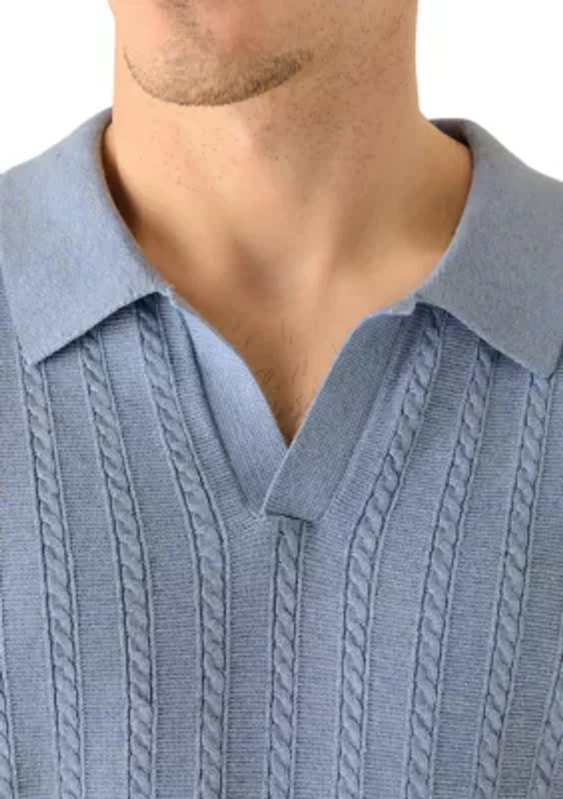 Men's Short Sleeve Johnny Collar Cable Polo Sweater
