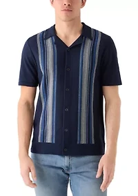 Men's Striped Button Front Camp Sweater Polo Shirt