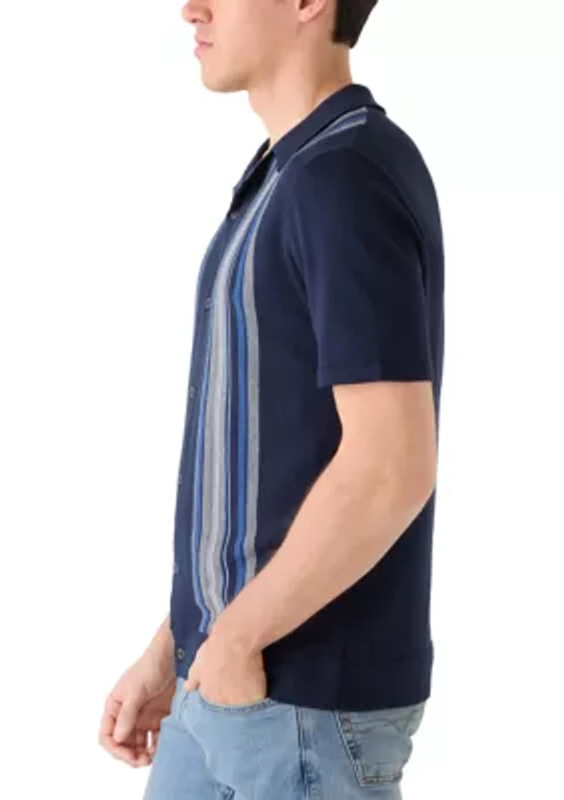 Men's Striped Button Front Camp Sweater Polo Shirt