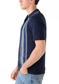 Men's Striped Button Front Camp Sweater Polo Shirt