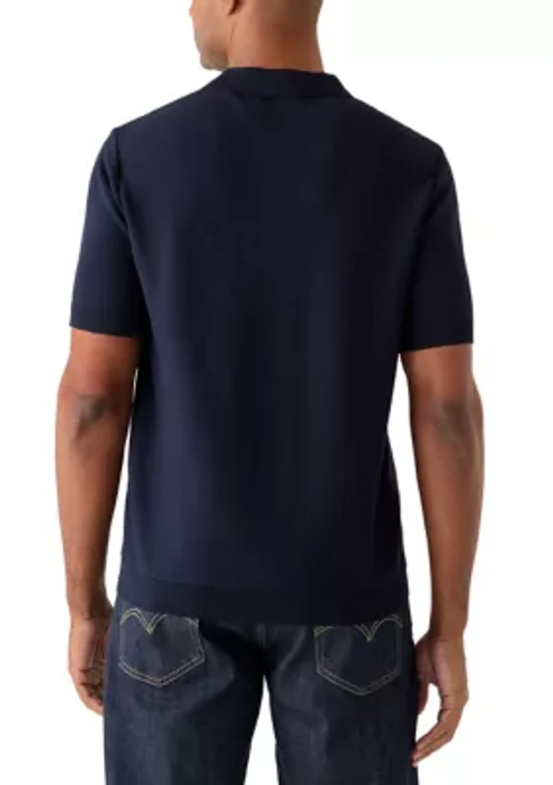 Men's Short Sleeve Three-Button Striped Sweater Polo Shirt