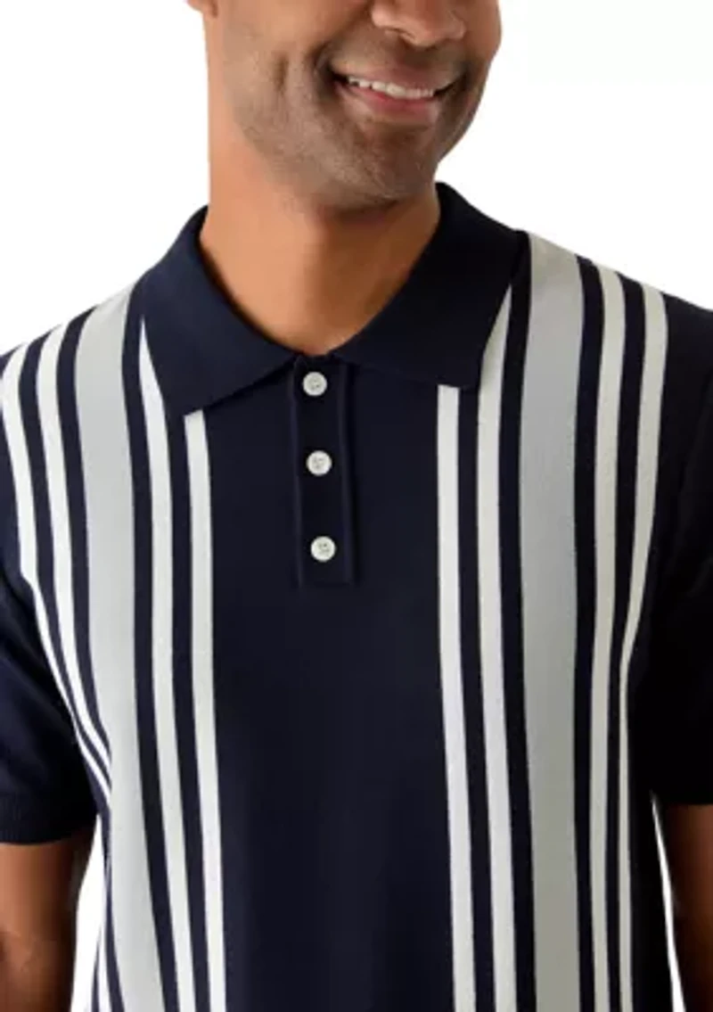 Men's Short Sleeve Three-Button Striped Sweater Polo Shirt