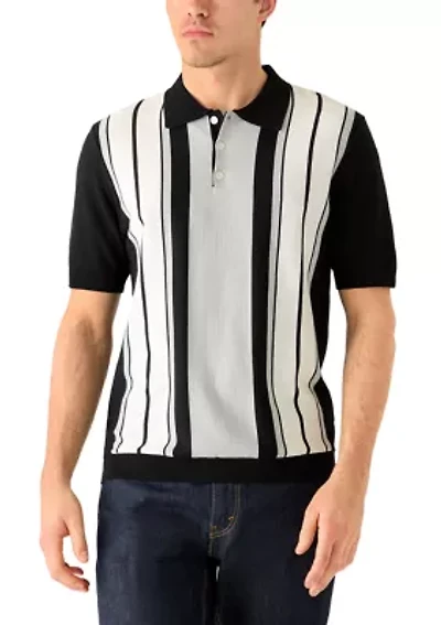 Men's Short Sleeve Button Front Striped Sweater Polo Shirt