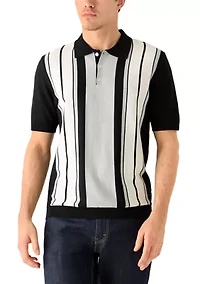 Men's Short Sleeve Button Front Striped Sweater Polo Shirt