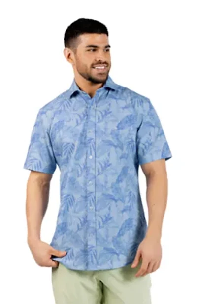 Tropical Leaves Printed Seersucker Short Sleeve Shirt