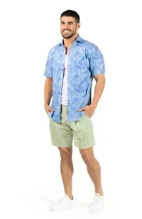 Tropical Leaves Printed Seersucker Short Sleeve Shirt