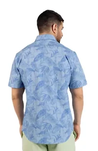 Tropical Leaves Printed Seersucker Short Sleeve Shirt