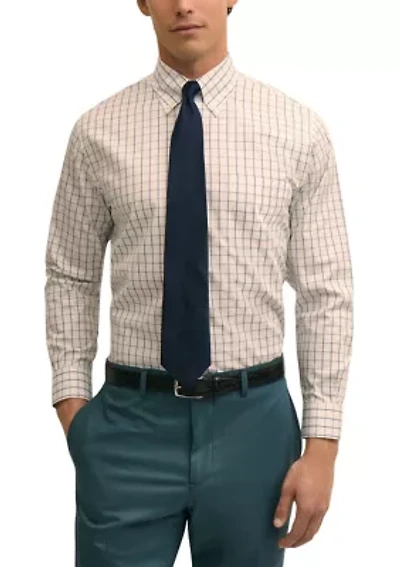 Men’s Regular Fit Non-Iron Polo Button-Down Collar Windowpane Pinpoint Dress Shirt