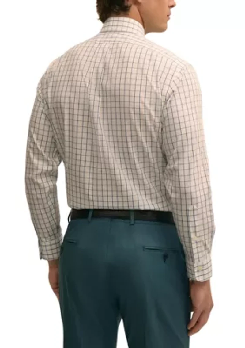 Men’s Regular Fit Non-Iron Polo Button-Down Collar Windowpane Pinpoint Dress Shirt