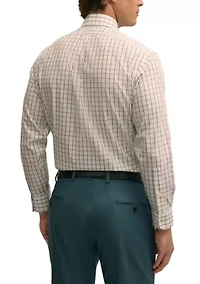 Men’s Regular Fit Non-Iron Polo Button-Down Collar Windowpane Pinpoint Dress Shirt