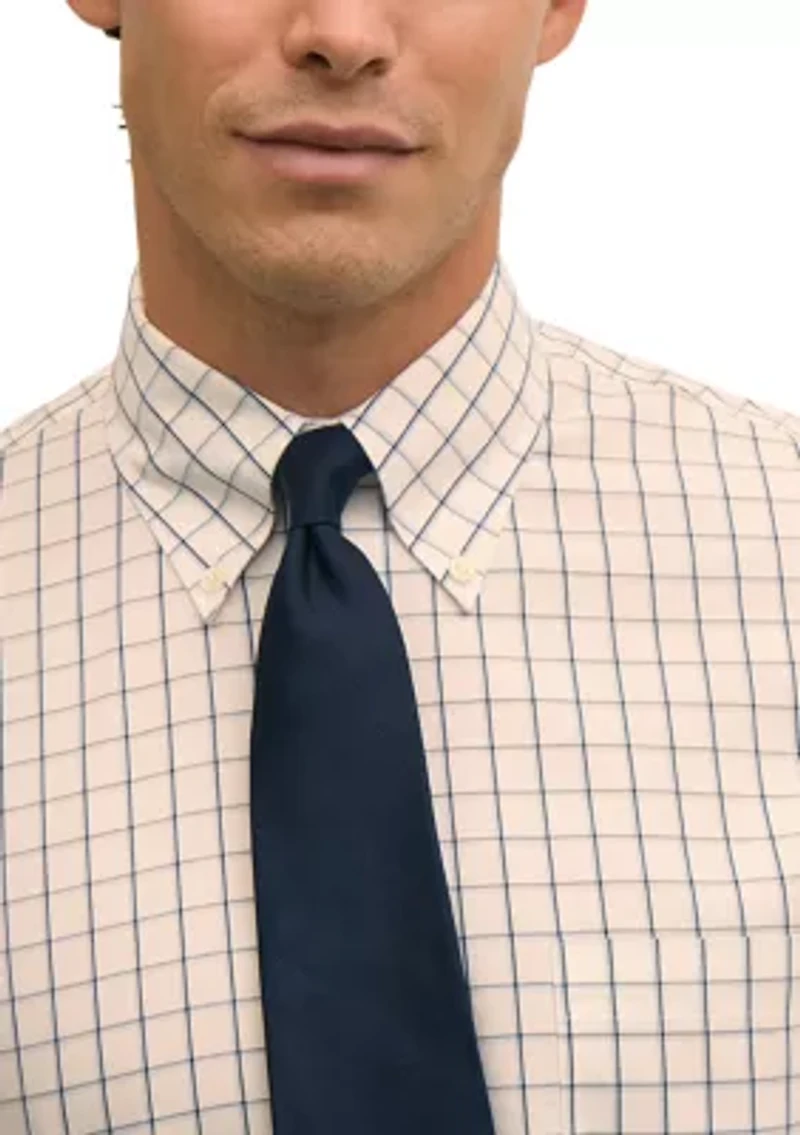 Men’s Regular Fit Non-Iron Polo Button-Down Collar Windowpane Pinpoint Dress Shirt