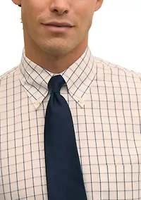 Men’s Regular Fit Non-Iron Polo Button-Down Collar Windowpane Pinpoint Dress Shirt