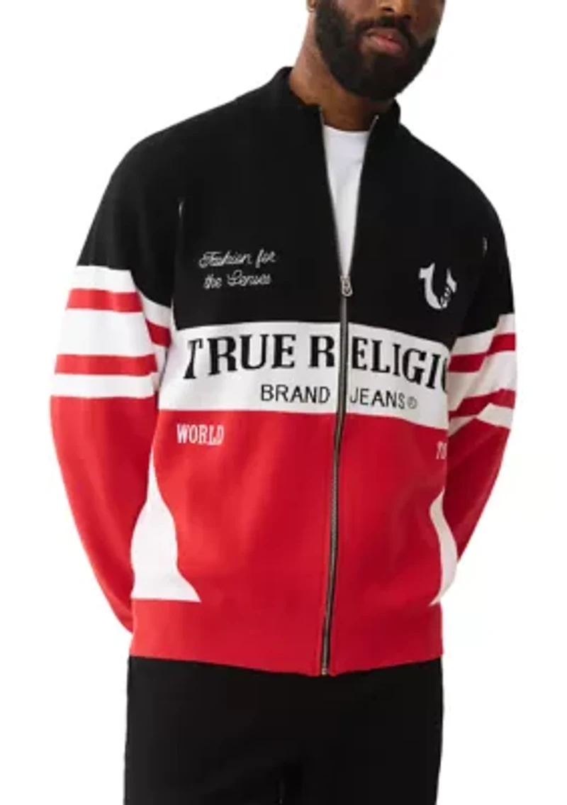 Racing Raglan Shoulder Full Zip Sweater