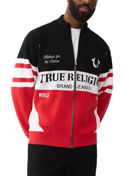 Racing Raglan Shoulder Full Zip Sweater