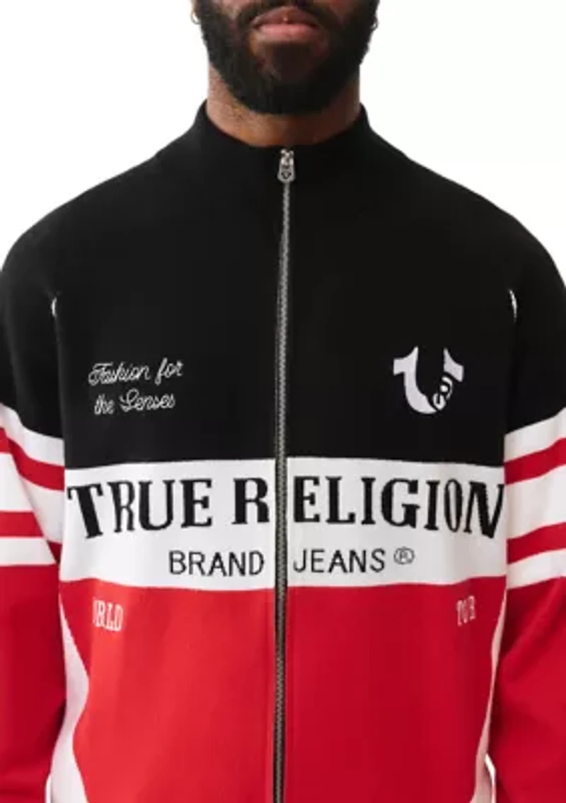 Racing Raglan Shoulder Full Zip Sweater