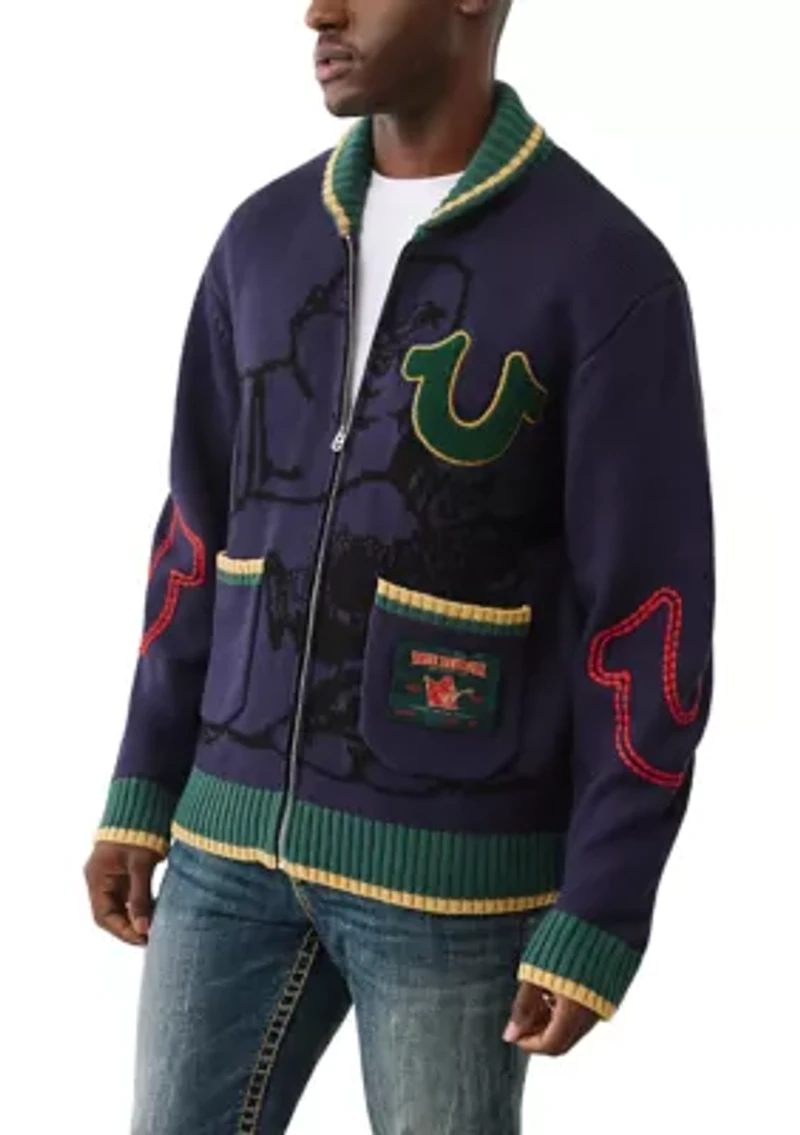 Anniversary Logo Shawl Collar Cardigan Sweater