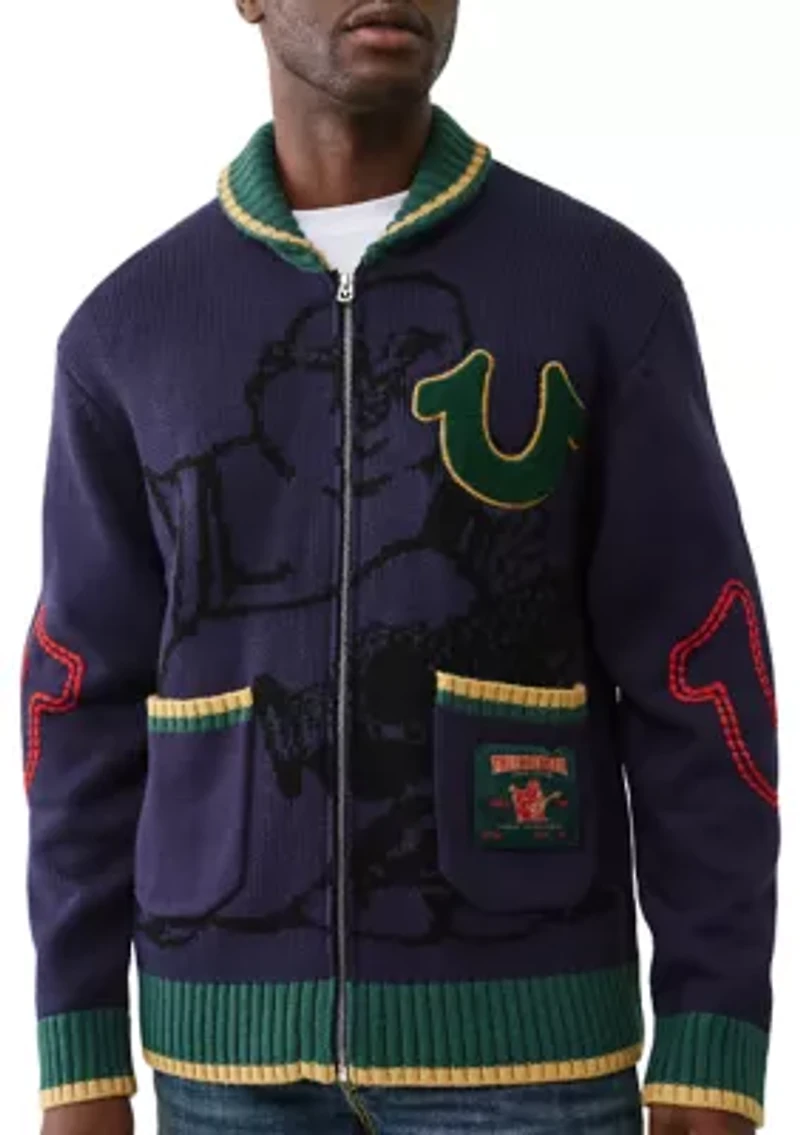 Anniversary Logo Shawl Collar Cardigan Sweater