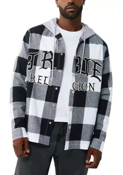 Hooded Cotton Flannel Plaid Long Sleeve Shirt with Logos