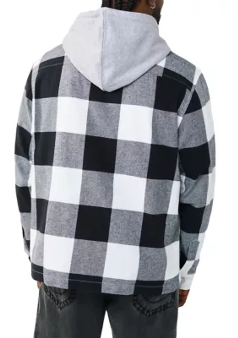Hooded Cotton Flannel Plaid Long Sleeve Shirt with Logos