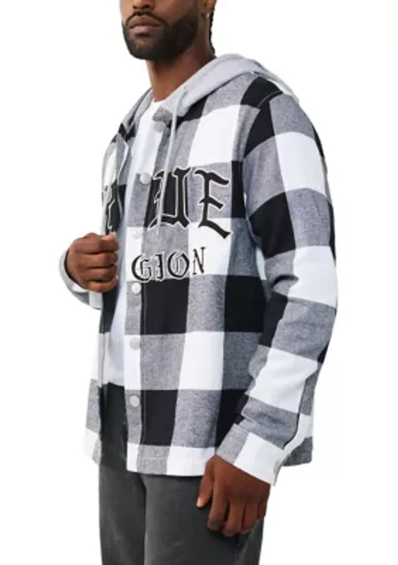 Hooded Cotton Flannel Plaid Long Sleeve Shirt with Logos