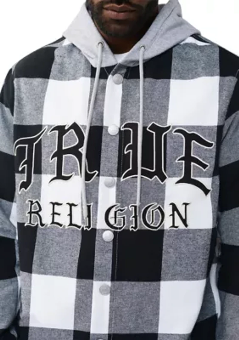 Hooded Cotton Flannel Plaid Long Sleeve Shirt with Logos