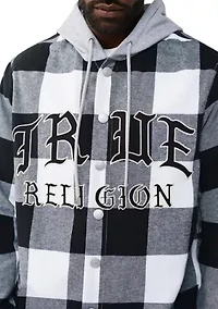 Hooded Cotton Flannel Plaid Long Sleeve Shirt with Logos