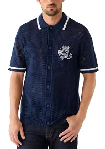 Men's Crochet Short Sleeve Polo Top with Logo Crest