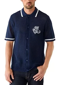 Men's Crochet Short Sleeve Polo Top with Logo Crest