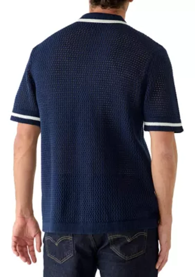 Men's Crochet Short Sleeve Polo Top with Logo Crest