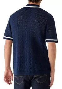 Men's Crochet Short Sleeve Polo Top with Logo Crest