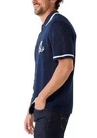 Men's Crochet Short Sleeve Polo Top with Logo Crest