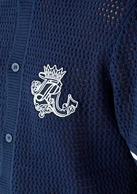 Men's Crochet Short Sleeve Polo Top with Logo Crest