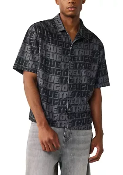 Allover Logo Mesh Snap Front Short Sleeve Shirt