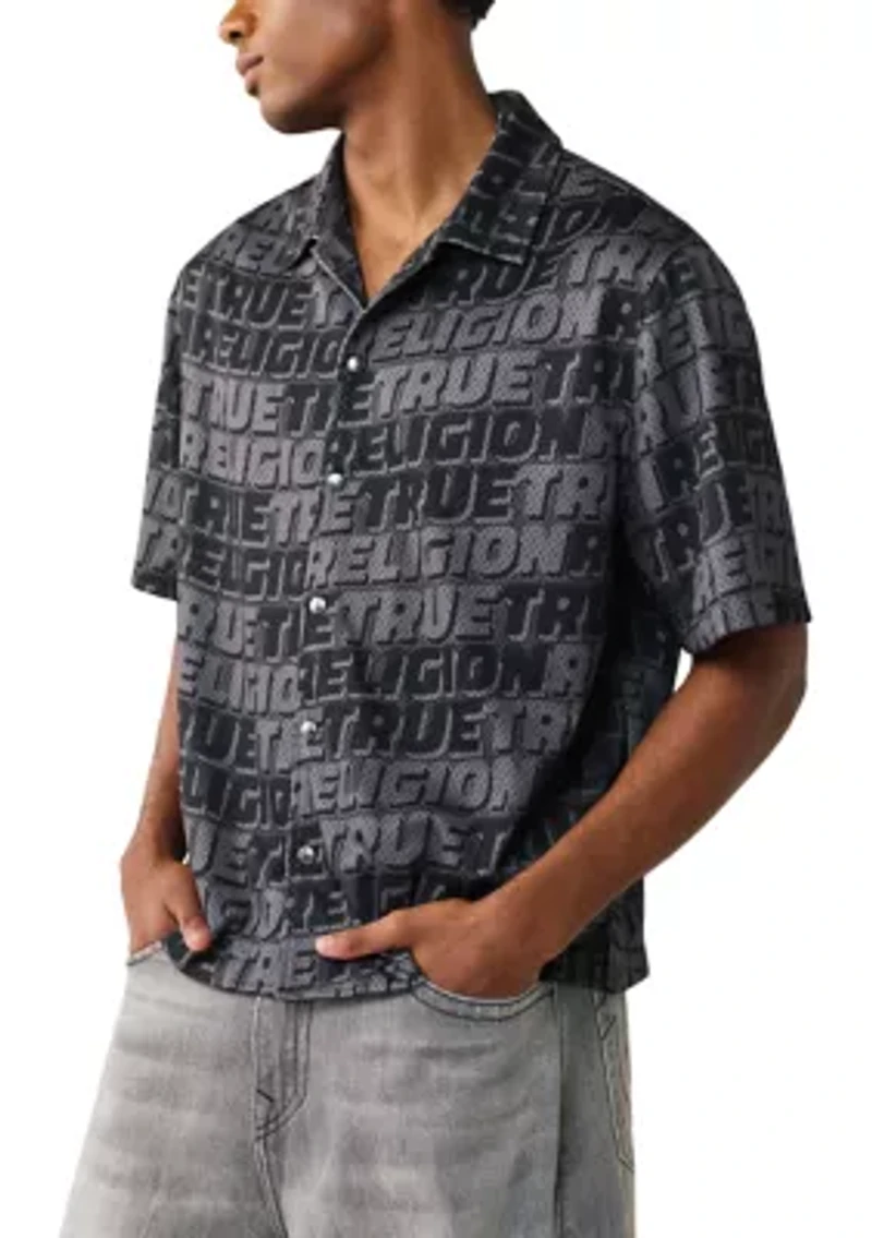 Allover Logo Mesh Snap Front Short Sleeve Shirt