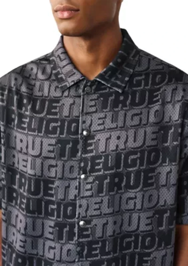 Allover Logo Mesh Snap Front Short Sleeve Shirt