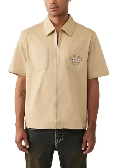 Buddha Short Sleeve Zip Woven Top