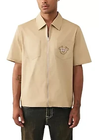 Buddha Short Sleeve Zip Woven Top