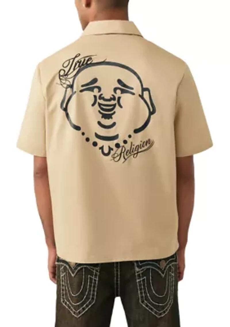Buddha Short Sleeve Zip Woven Top
