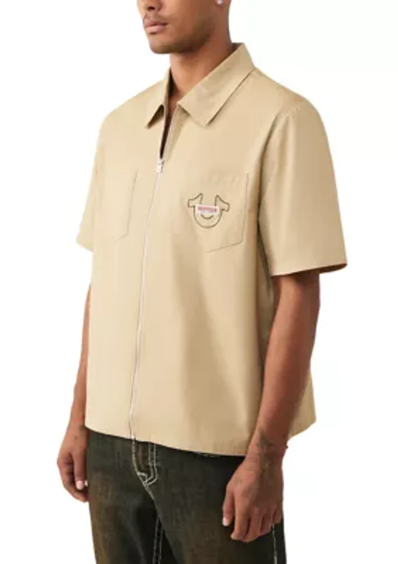 Buddha Short Sleeve Zip Woven Top