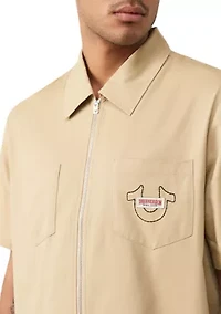 Buddha Short Sleeve Zip Woven Top