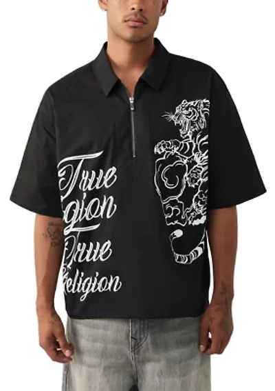 Men's Tiger Print Short Sleeve Zip Woven Top